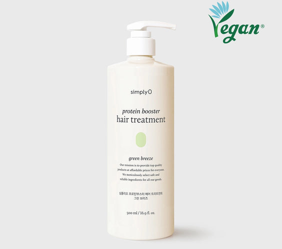 Soin capillaire SimplyO au booster de proteines, gamme Green Breeze vegan, reparation et nutrition cheveux.